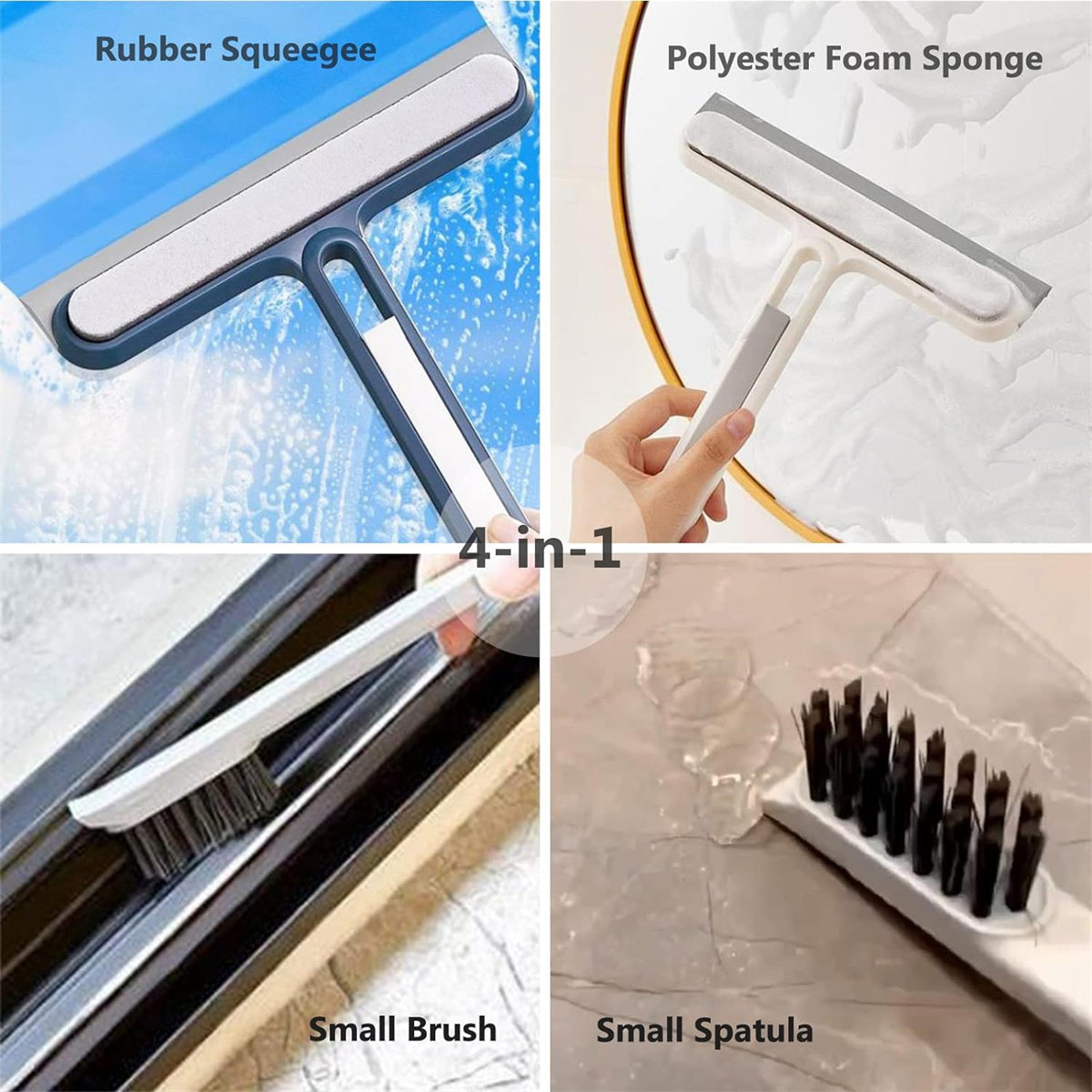 GALESENA 4-in-1 Multi-Purpose Cleaning Tool,Cleaning Brushes : Squeegee, Sponge, Brush & Spatula for Windows, Shower Doors, Smooth Surfaces