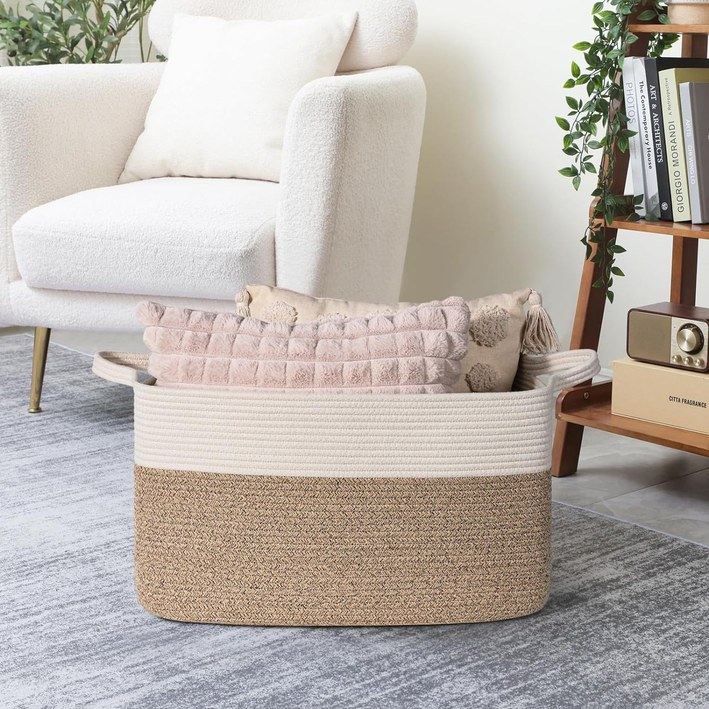 GALESENA 1PC large blanket basket, woven basket, laundry basket for storing rectangular dirty clothes basket for laundry, living room, bedroom rope storage basket for blankets