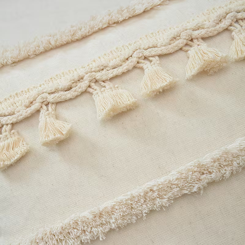 GALESENA Natural linen pillowcase with geometric tassel and tufted embroidery for home decor.