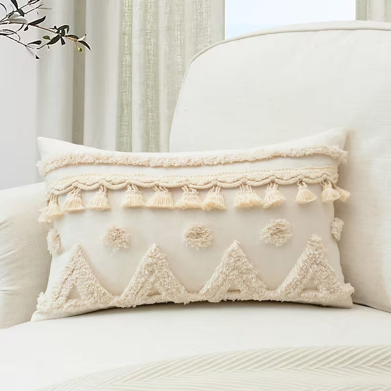 GALESENA Natural linen pillowcase with geometric tassel and tufted embroidery for home decor.