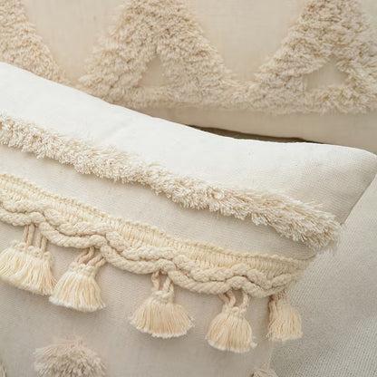 GALESENA Natural linen pillowcase with geometric tassel and tufted embroidery for home decor.