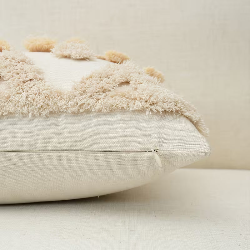 GALESENA Natural linen pillowcase with geometric tassel and tufted embroidery for home decor.