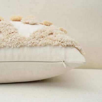 GALESENA Natural linen pillowcase with geometric tassel and tufted embroidery for home decor.