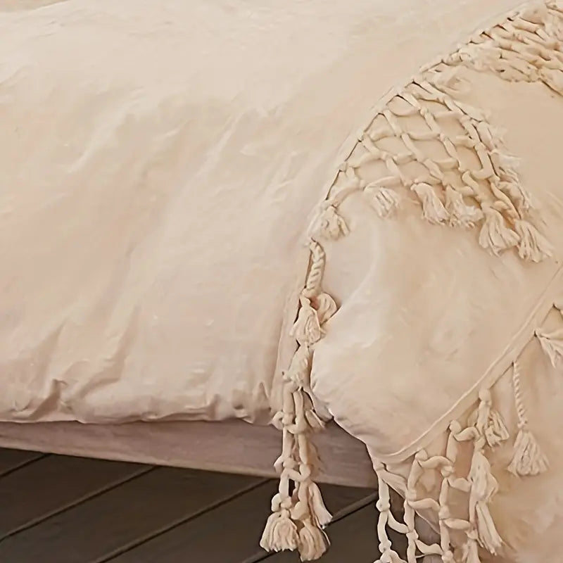 GALESENA Ivory tufted tassel duvet cover with plaid boho design for full/queen bed, 86"x90".