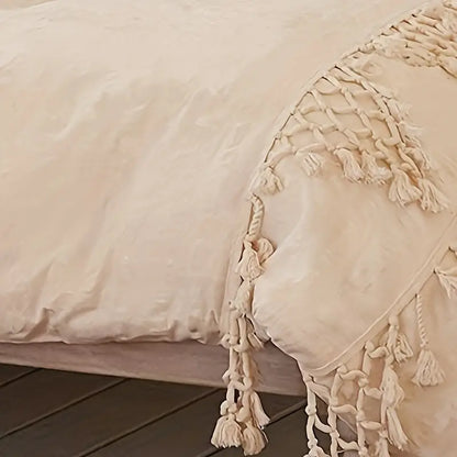 GALESENA Ivory tufted tassel duvet cover with plaid boho design for full/queen bed, 86"x90".