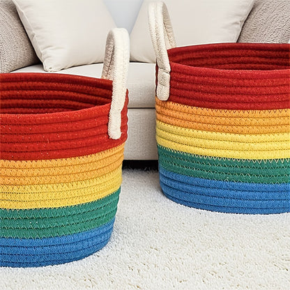 GALESENA 1PC Rainbow Colored Cotton Woven Storage Basket,Containers for household use,Suitable For Living Rooms, Bedrooms, Kitchens, Bathrooms, Etc., Can Be Used To Organize Toys, Books, And Dolls, And Place Items