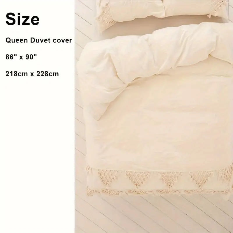 GALESENA Ivory tufted tassel duvet cover with plaid boho design for full/queen bed, 86"x90".