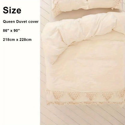 GALESENA Ivory tufted tassel duvet cover with plaid boho design for full/queen bed, 86"x90".