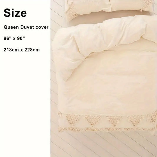 GALESENA Ivory tufted tassel duvet cover with plaid boho design for full/queen bed, 86"x90".
