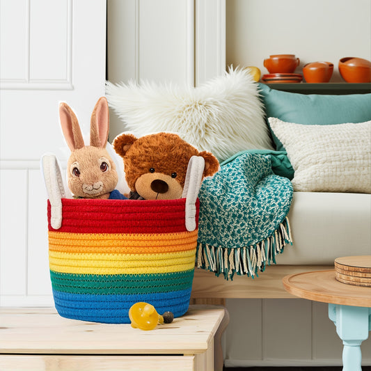 GALESENA 1PC Rainbow Colored Cotton Woven Storage Basket,Containers for household use,Suitable For Living Rooms, Bedrooms, Kitchens, Bathrooms, Etc., Can Be Used To Organize Toys, Books, And Dolls, And Place Items