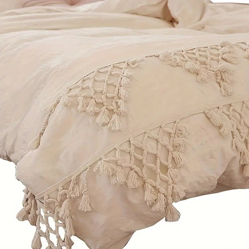 GALESENA Ivory tufted tassel duvet cover with plaid boho design for full/queen bed, 86"x90".