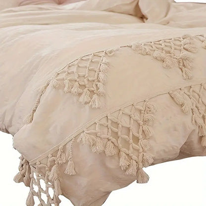 GALESENA Ivory tufted tassel duvet cover with plaid boho design for full/queen bed, 86"x90".
