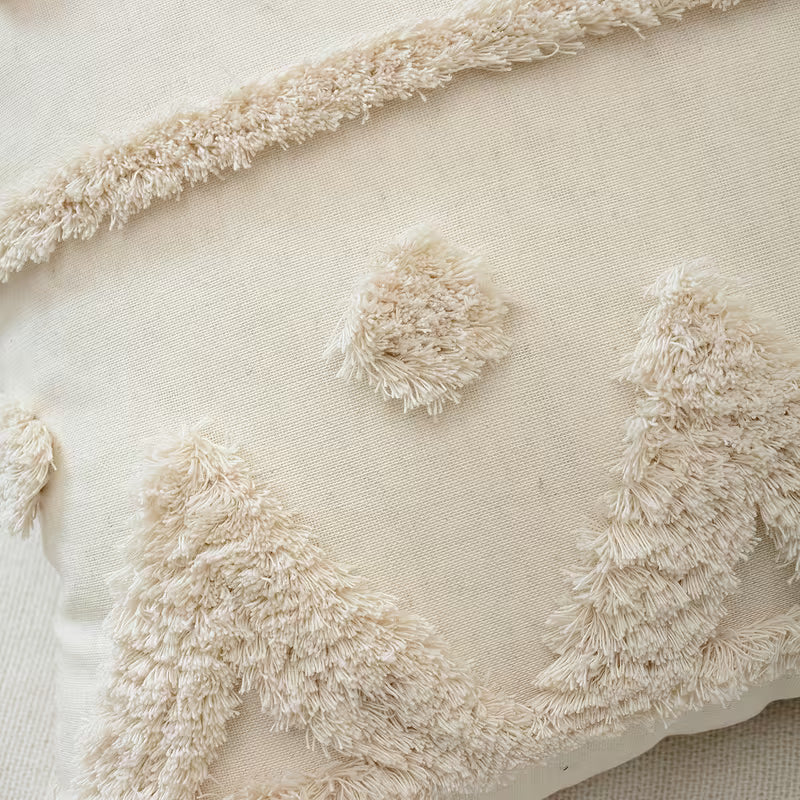 GALESENA Natural linen pillowcase with geometric tassel and tufted embroidery for home decor.