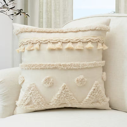 GALESENA Natural linen pillowcase with geometric tassel and tufted embroidery for home decor.