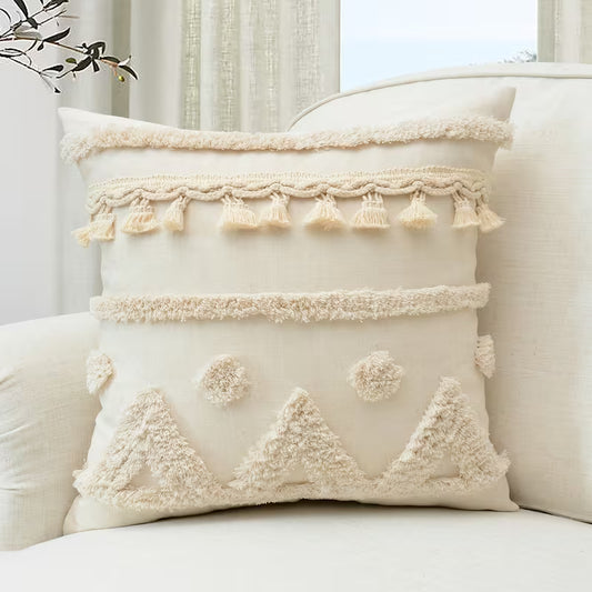GALESENA Natural linen pillowcase with geometric tassel and tufted embroidery for home decor.