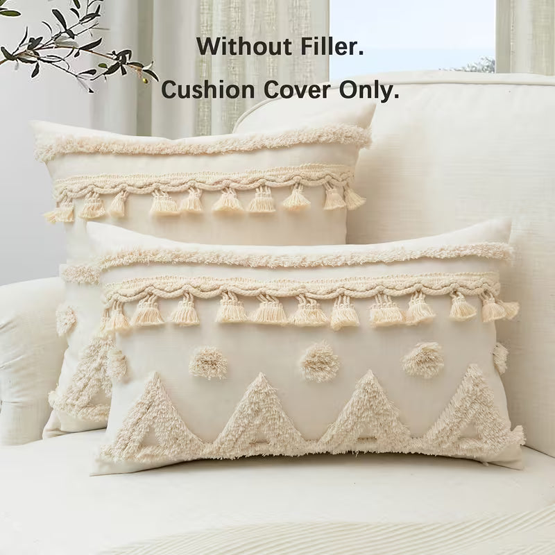 GALESENA Natural linen pillowcase with geometric tassel and tufted embroidery for home decor.