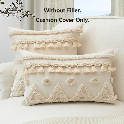 GALESENA Natural linen pillowcase with geometric tassel and tufted embroidery for home decor.