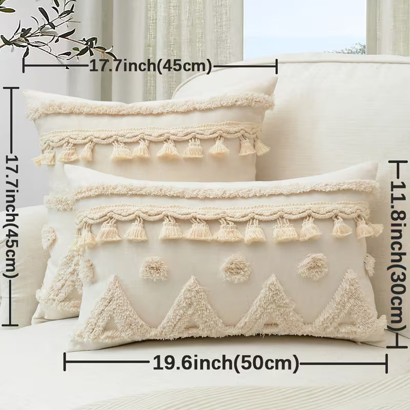 GALESENA Natural linen pillowcase with geometric tassel and tufted embroidery for home decor.