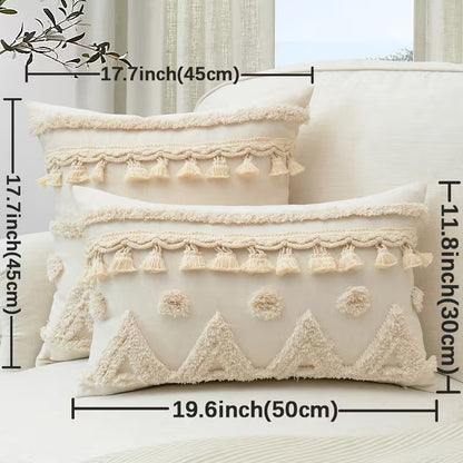 GALESENA Natural linen pillowcase with geometric tassel and tufted embroidery for home decor.