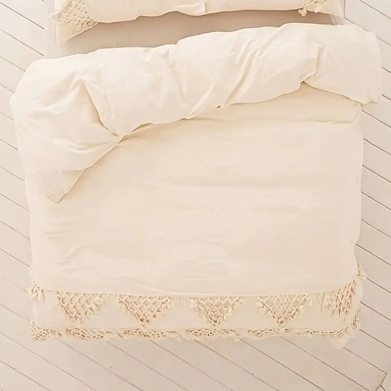 GALESENA Ivory tufted tassel duvet cover with plaid boho design for full/queen bed, 86"x90".