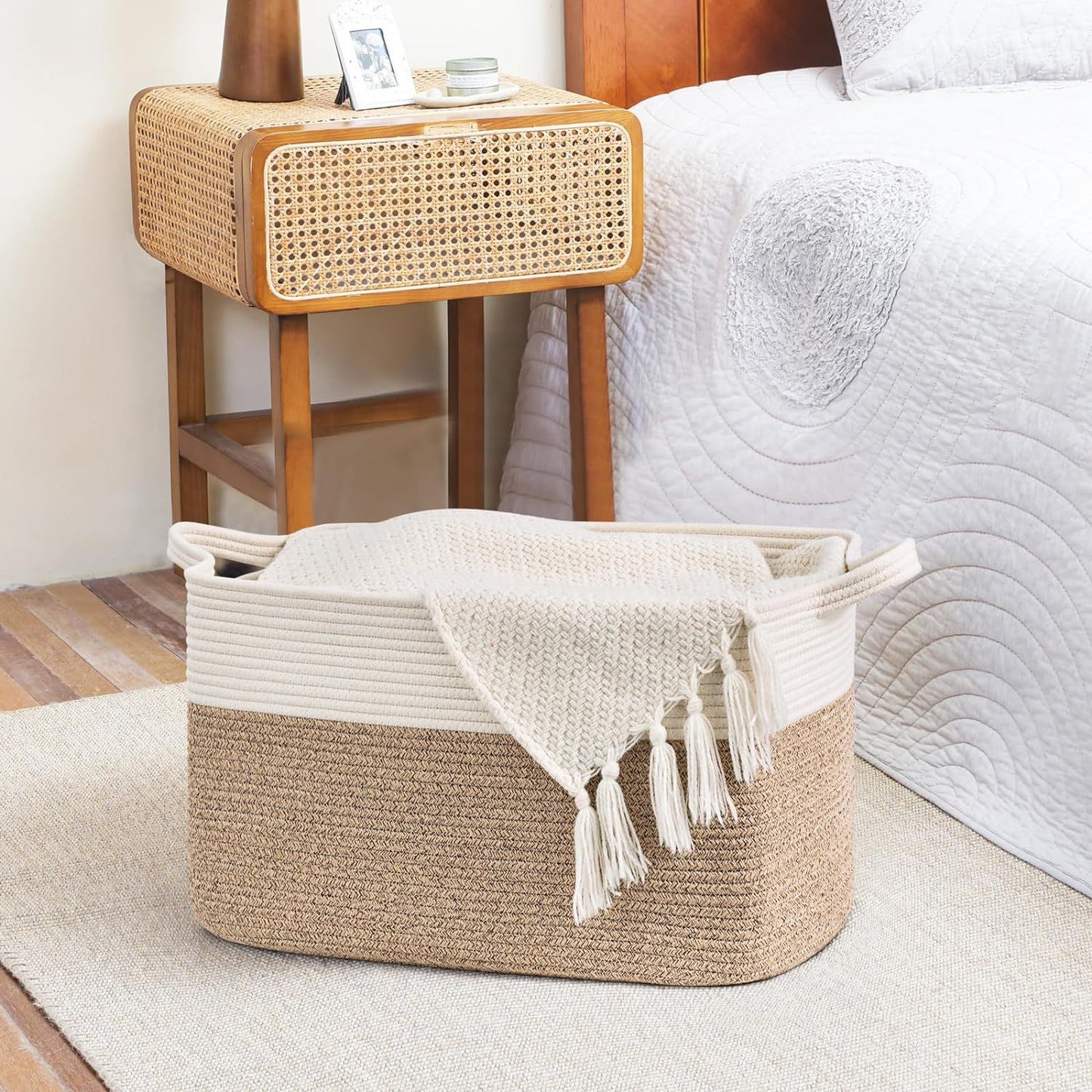 GALESENA 1PC large blanket basket, woven basket, laundry basket for storing rectangular dirty clothes basket for laundry, living room, bedroom rope storage basket for blankets