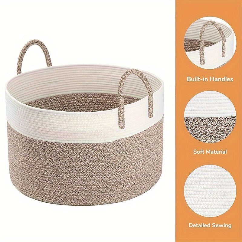 GALESENA 1PC blanket basket, laundry basket, living room blanket storage, doll storage basket with handle, large cotton rope basket, blanket laundry basket, clothes, pillows
