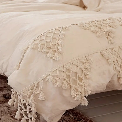 GALESENA Ivory tufted tassel duvet cover with plaid boho design for full/queen bed, 86"x90".
