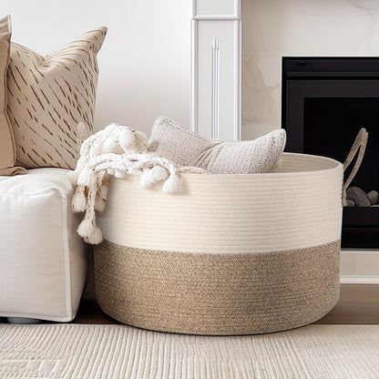GALESENA 1PC blanket basket, laundry basket, living room blanket storage, doll storage basket with handle, large cotton rope basket, blanket laundry basket, clothes, pillows